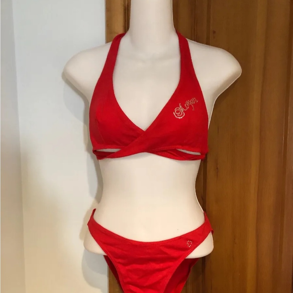 Morgan 2 PIECE  Logo Rhinestone Red SWIMSUIT Size38 S